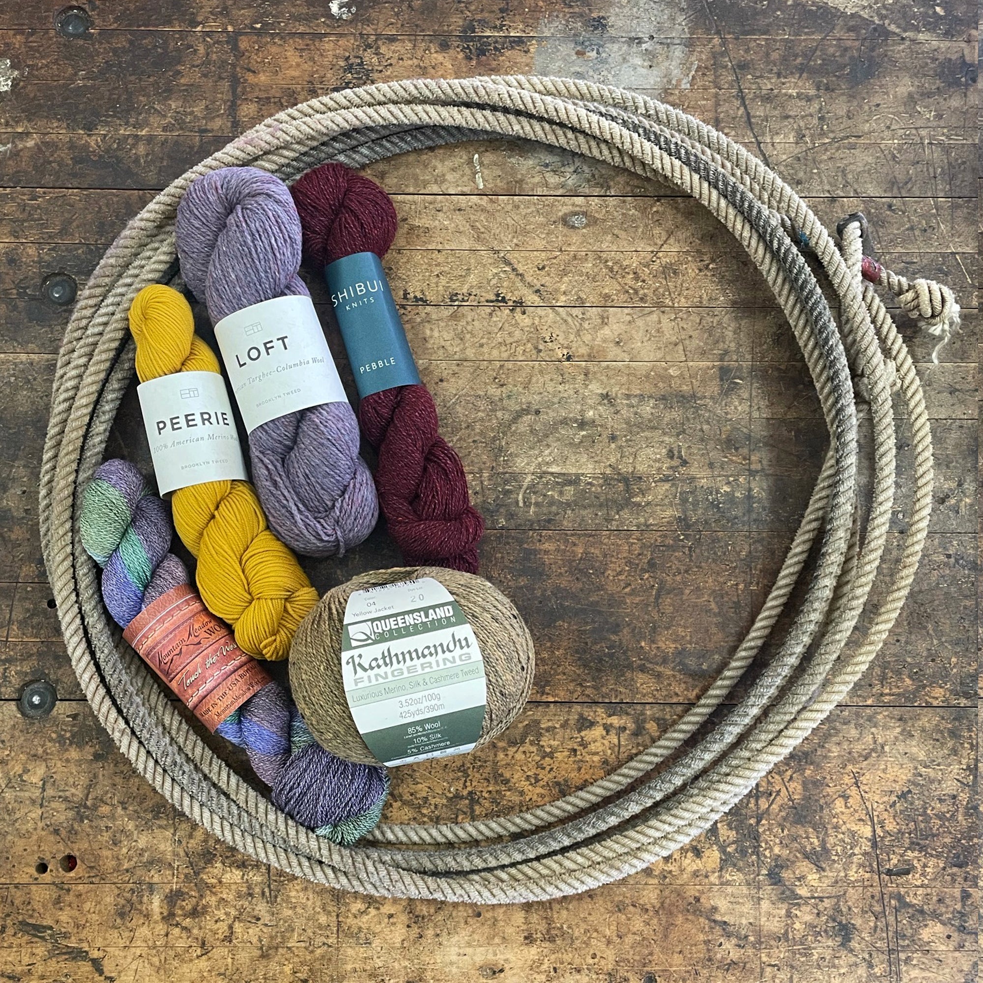 A lariat filled with fingering weight yarn