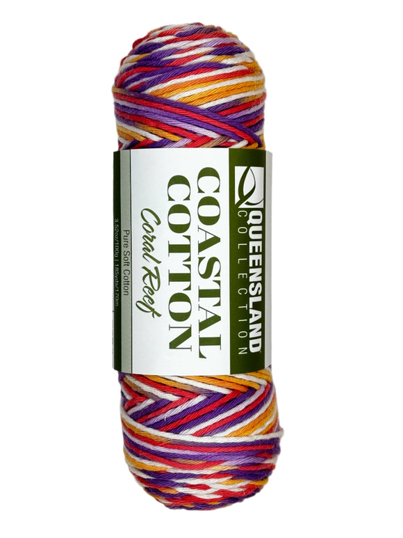 purple orange white red skein of yarn