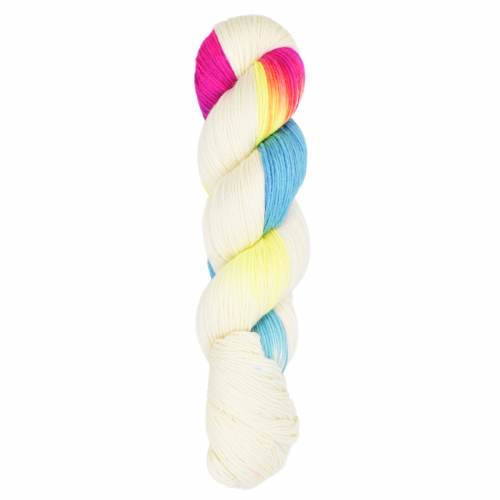 Skein of Araucania Huasco Sock Prism Paints yarn color white pink yellow blue