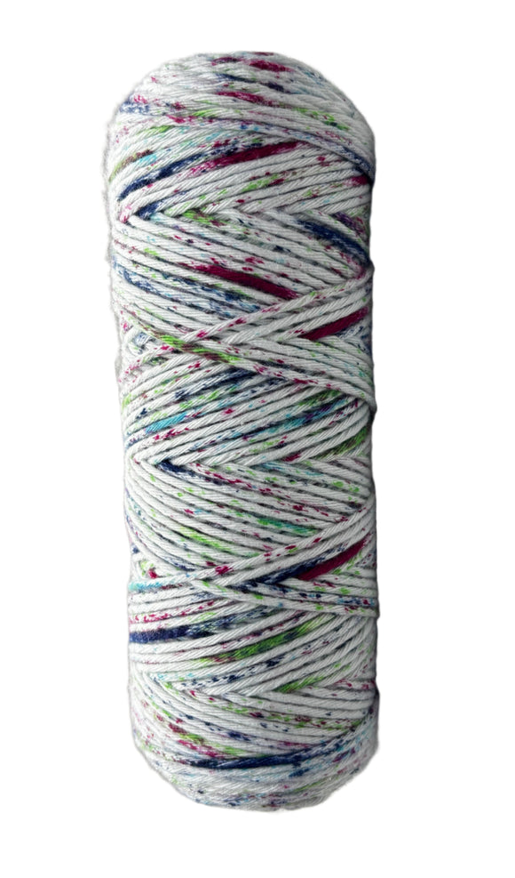 Red, blue, and green speckled skein of yarn