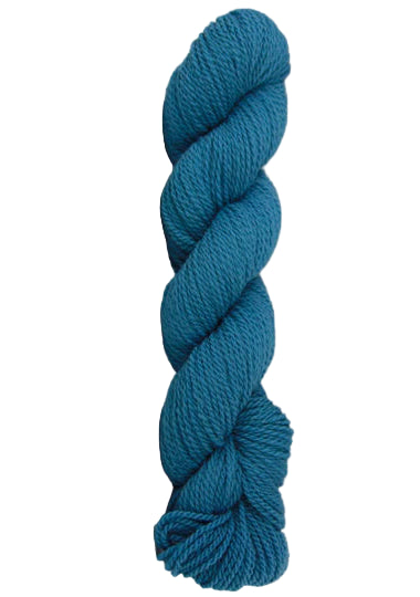 Blue skein of mountain meadow wool yarn on a white background