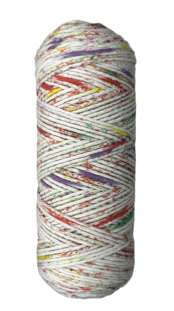 Purple, red, yellow, green speckled skein of yarn