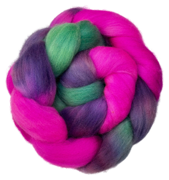 Polwarth combed top fiber braid in the colors pink green purple grey