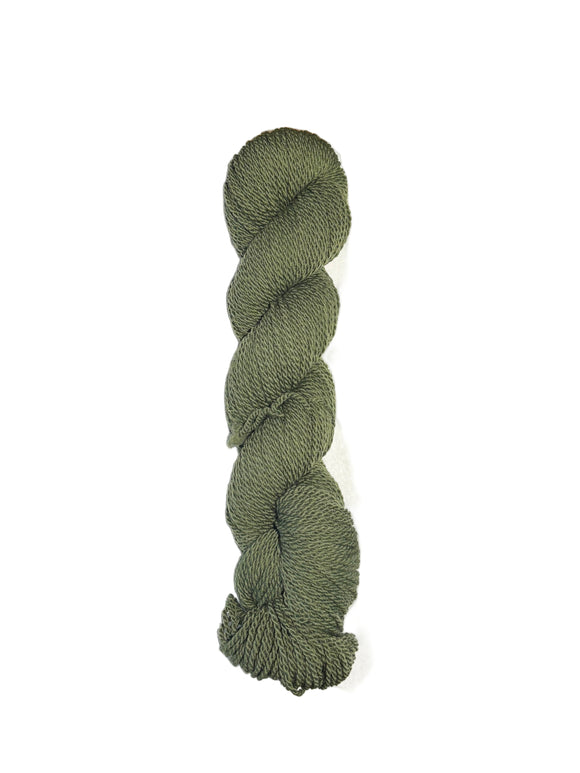 Green skein of mountain meadow wool yarn on a white background