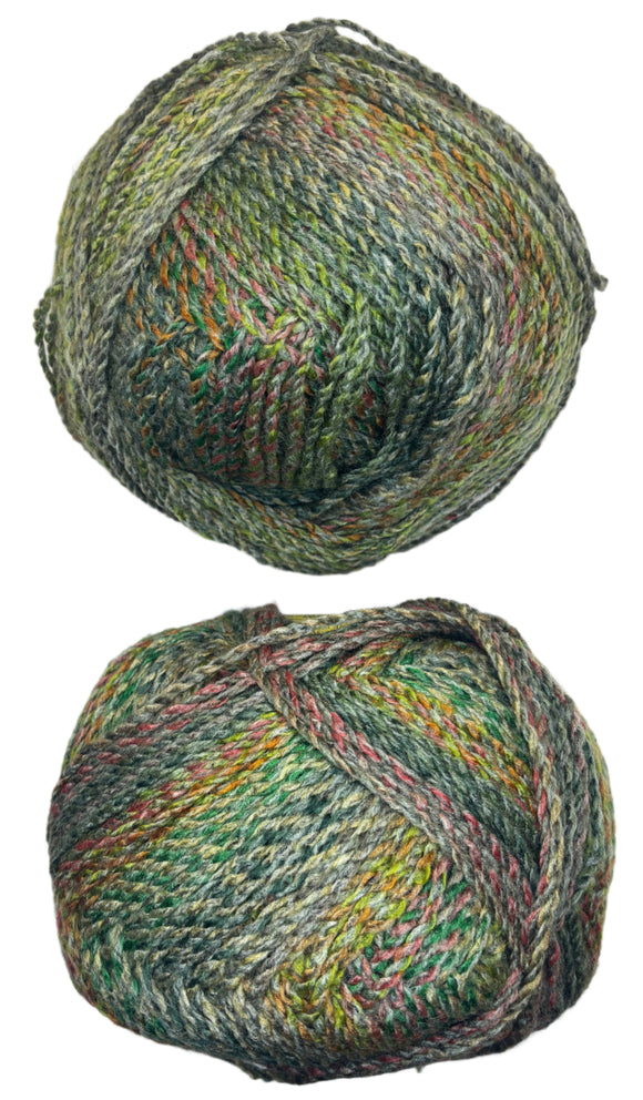 Green, red, pink skein of yarn