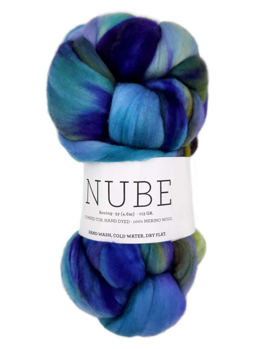 A photo of the purple, green, and blue Indicieta Nube fiber braid