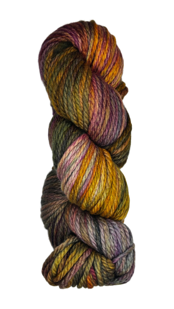 Skein of Malabrigo Chunky Yarn in the colors yellow orange grey black green brown mauve