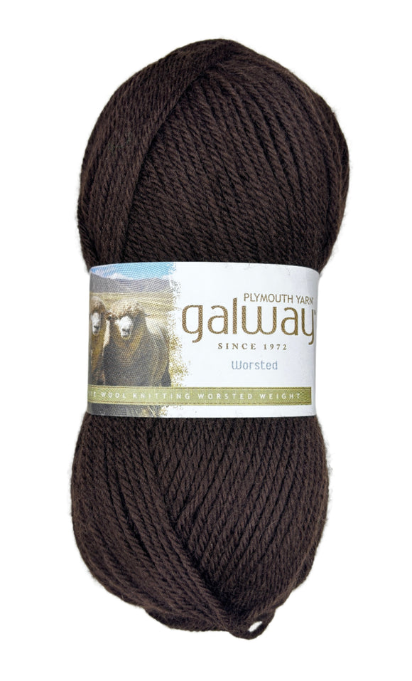 A skein of Plymouth Yarn Galway Yarn in the color heathered brown