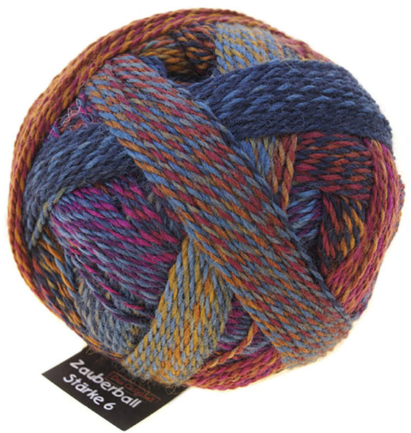 A photo of a colorful ball of Schoppel Zauberball Starke 6 yarn
