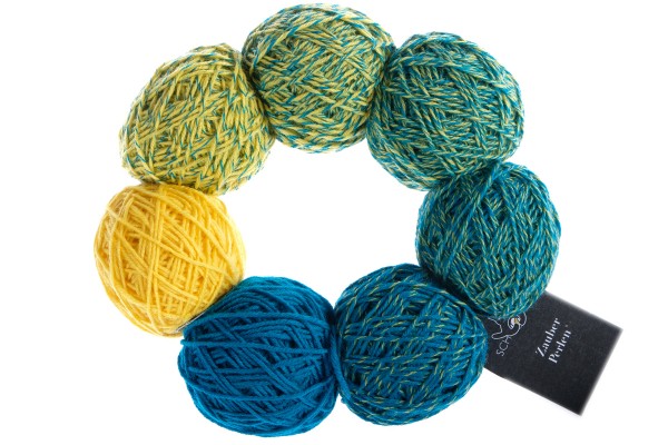 A yellow and blue set of Schoppel Zauber Perlen yarn balls