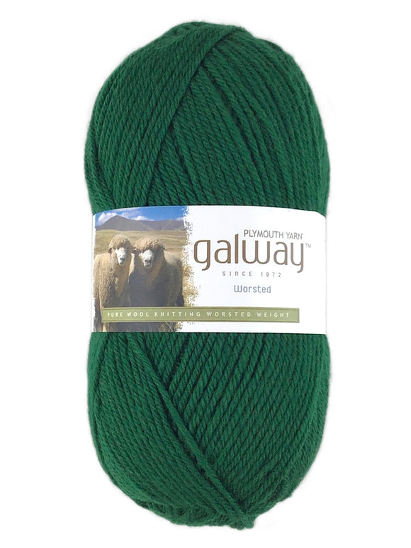 A green skein of Plymouth Galway yarn