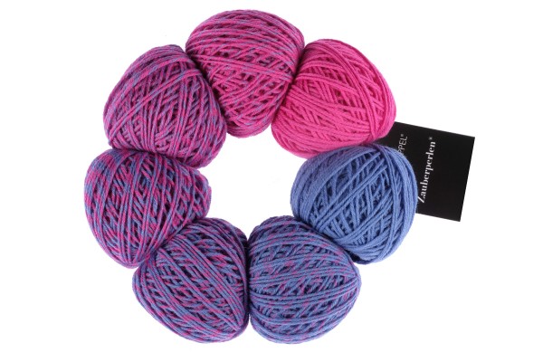 A blue and pink set of Schoppel Zauber Perlen yarn balls