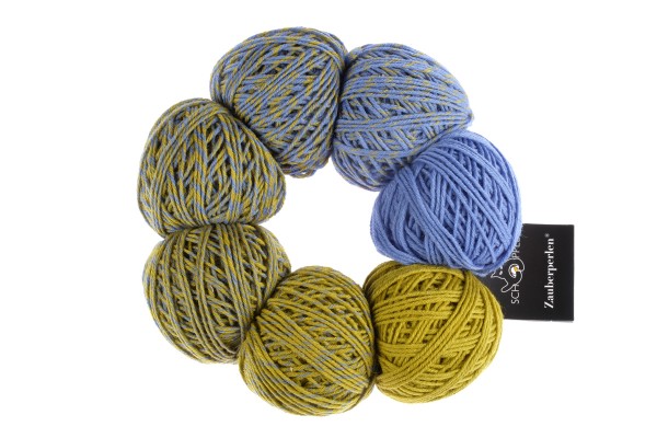A yellow and blue set of Schoppel Zauber Perlen yarn balls