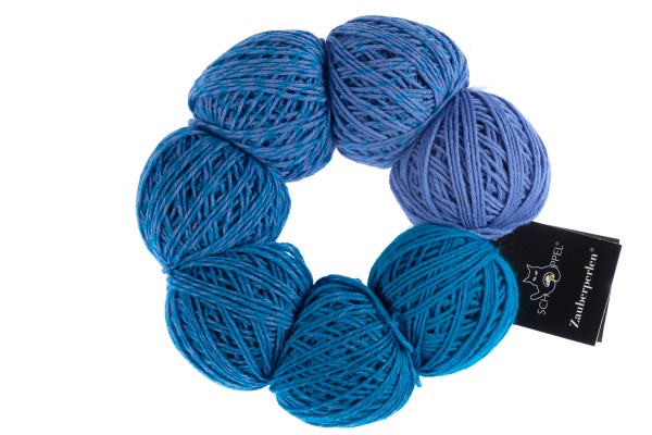 A blue and teal set of Schoppel Zauber Perlen yarn balls