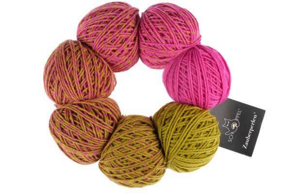 A pink and yellow-green set of Schoppel Zauber Perlen yarn balls