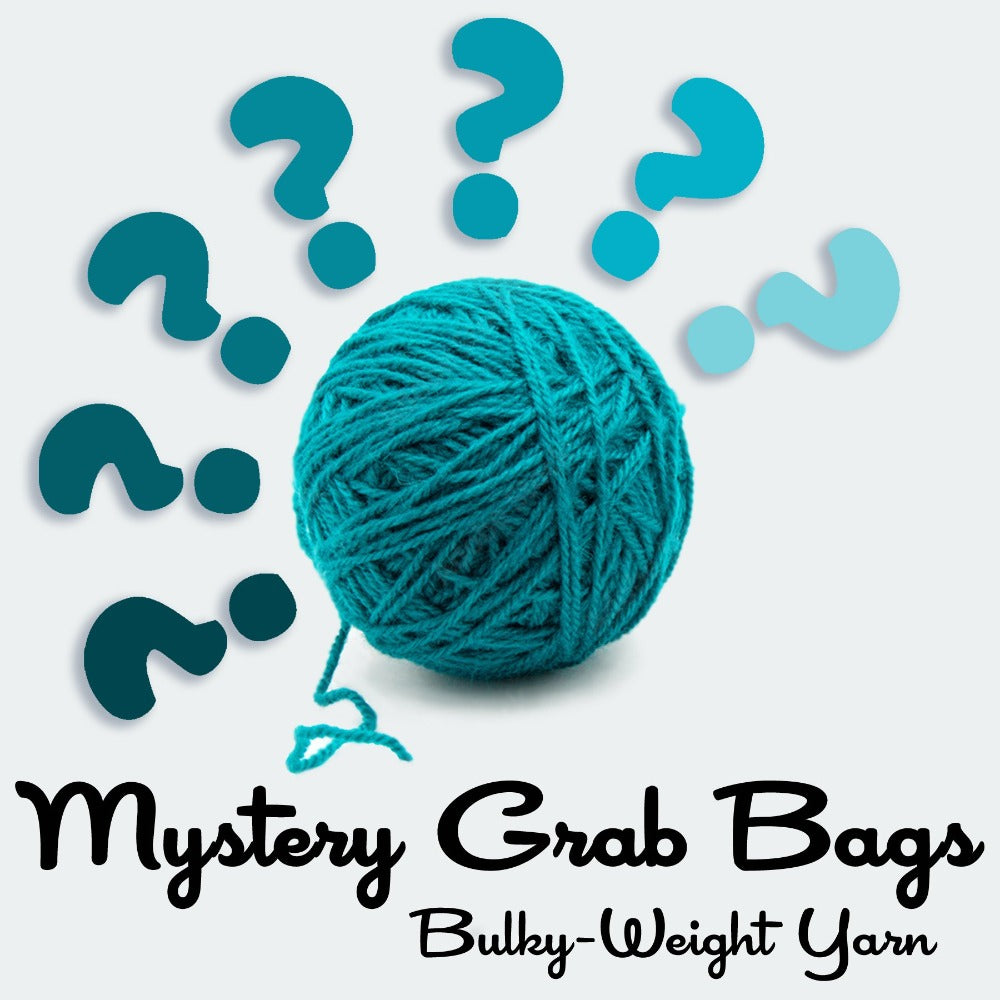 A graphic with yarn ball and questions marks that says Mystery Grab Bags Bulky-weight yarn