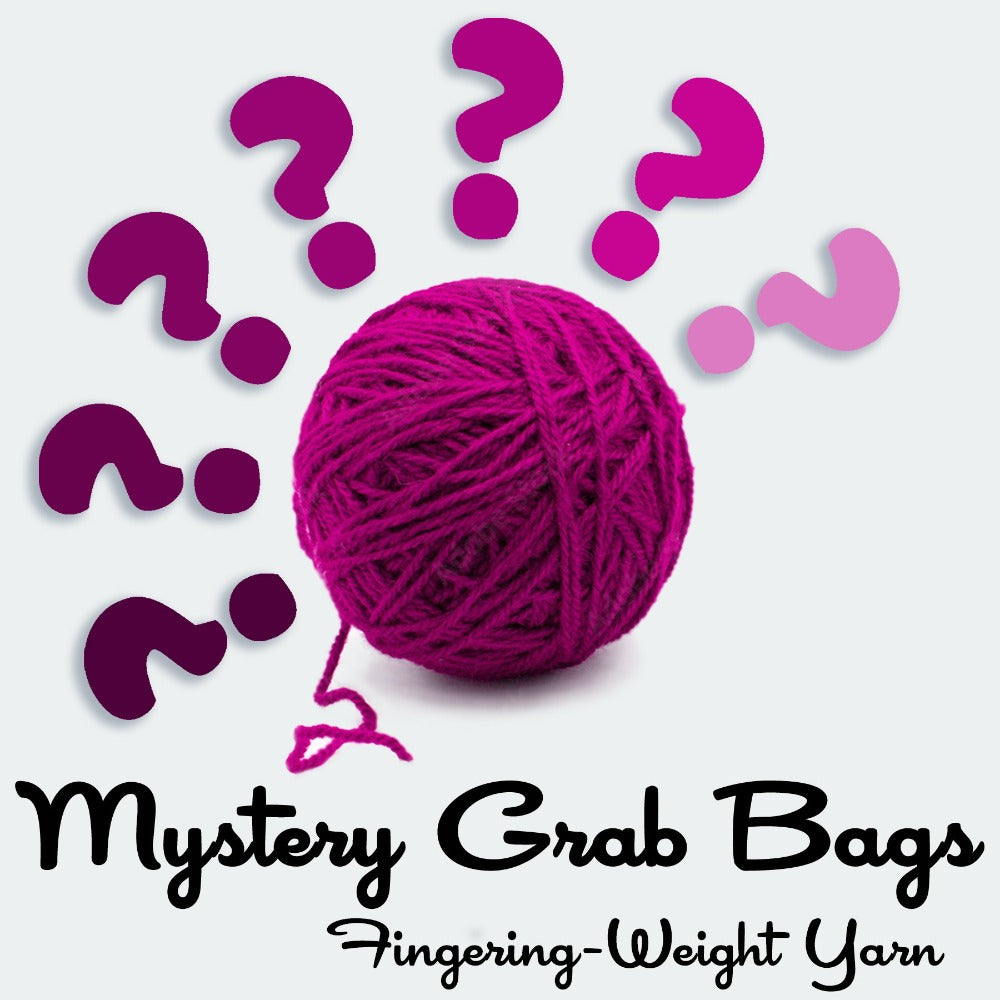 A graphic with yarn ball and questions marks that says Mystery Grab Bags Fingering-weight yarn