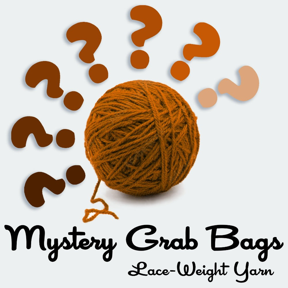 A graphic with yarn ball and questions marks that says Mystery Grab Bags Lace-weight yarn