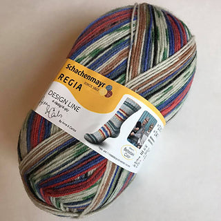 A photo of a colorful skein of Regia yarn