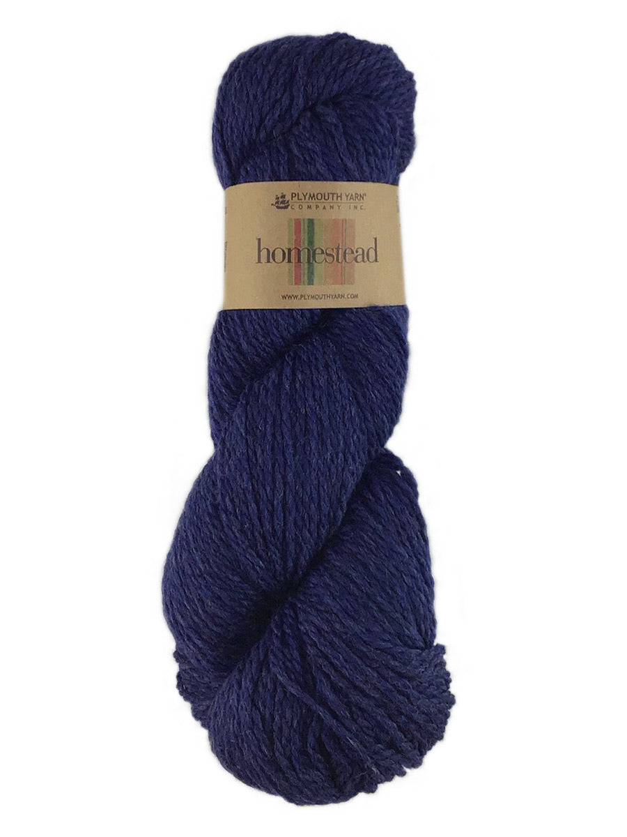A blue skein of Plymouth Homestead yarn