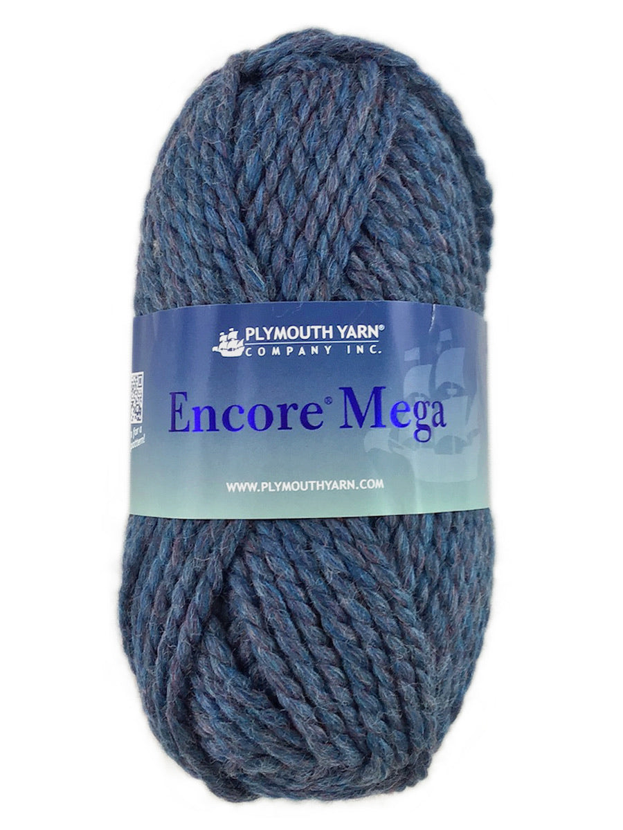 A blue skein of Plymouth Encore Mega yarn