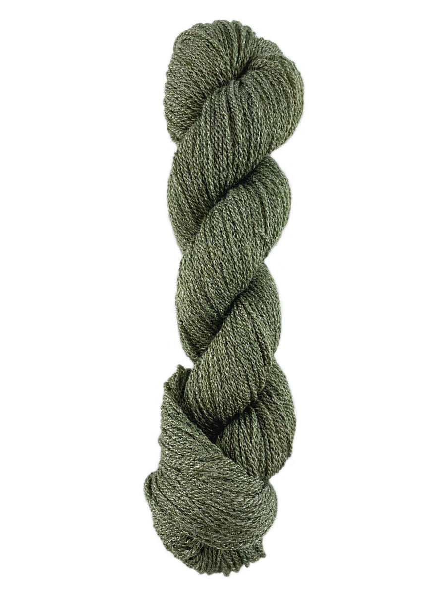 A green skein of Mountain Meadow Wool Green River yarn