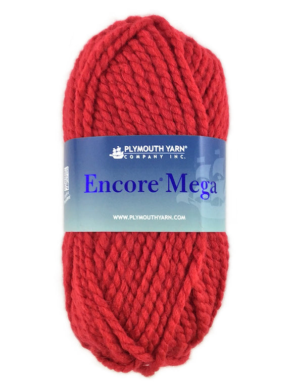 A red skein of Plymouth Encore Mega yarn