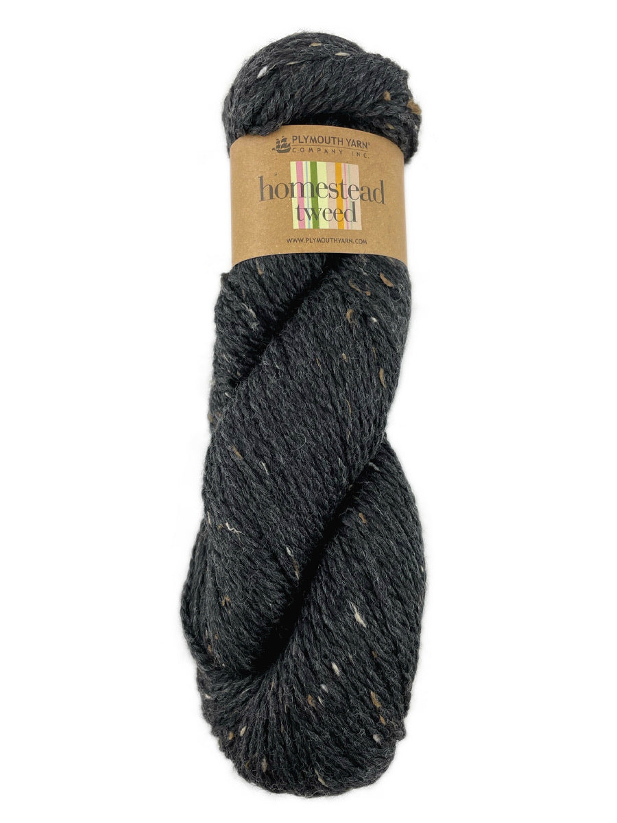 A black skein of Plymouth Homestead Tweed yarn