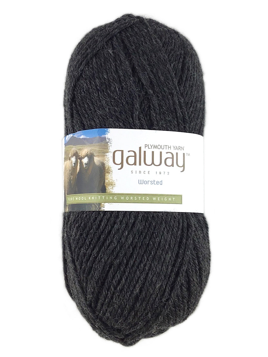 A dark gray skein of Plymouth Galway yarn