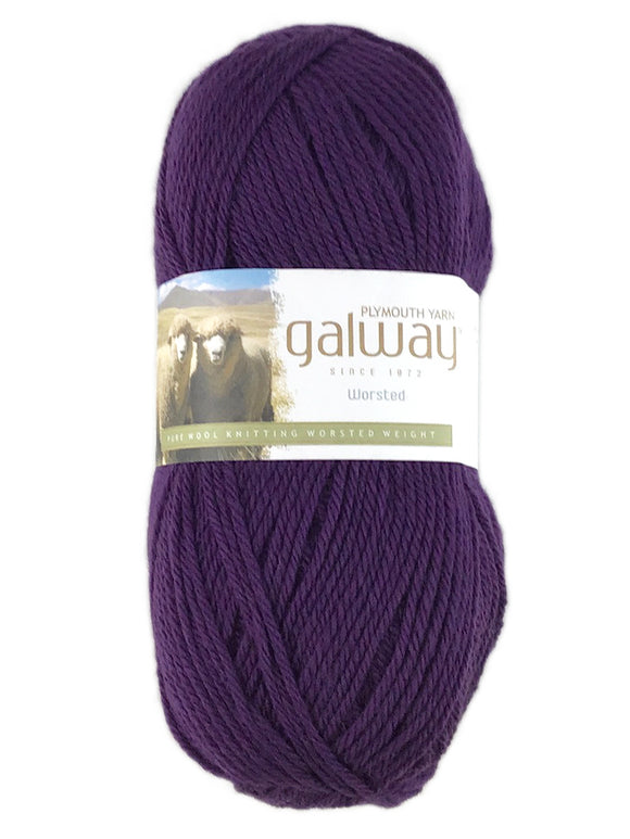A purple skein of Plymouth Galway yarn