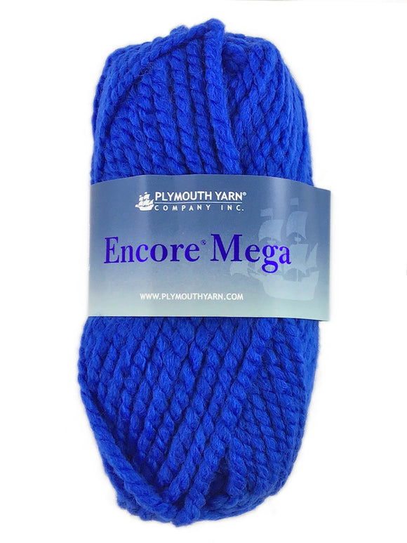 A blue skein of Plymouth Encore Mega yarn
