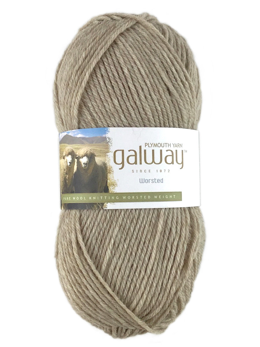 A taupe skein of Plymouth Galway yarn
