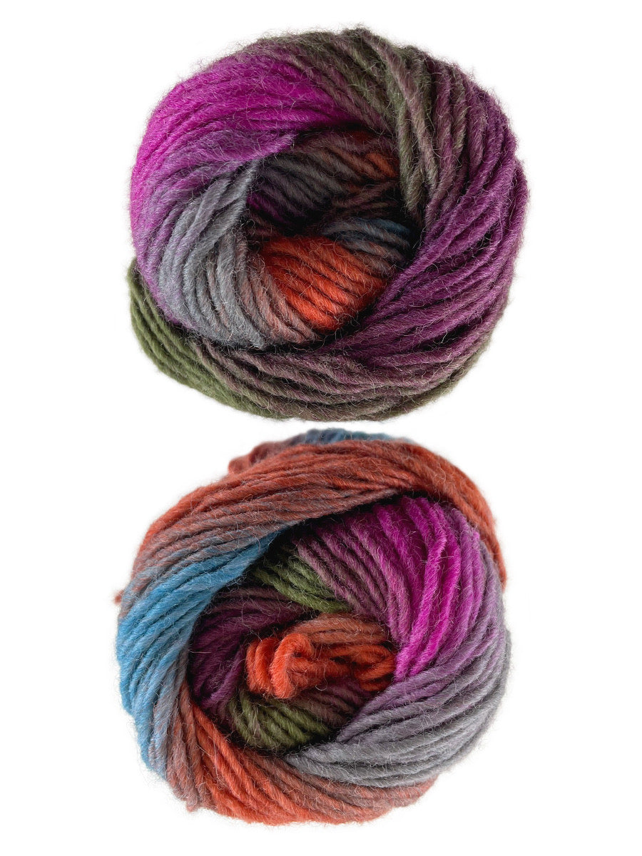 A photo of two blue, purple and red skeins of yarn