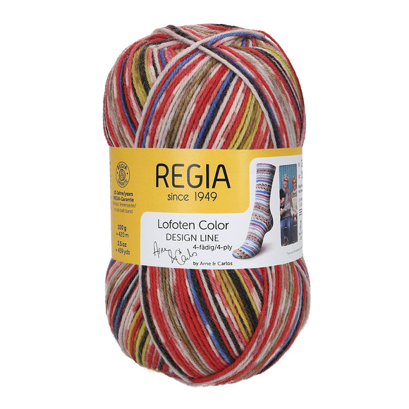 A photo of a colorful skein of Regia yarn
