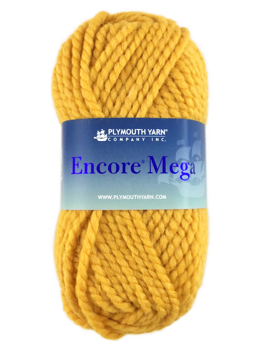 A yellow skein of Plymouth Encore Mega yarn