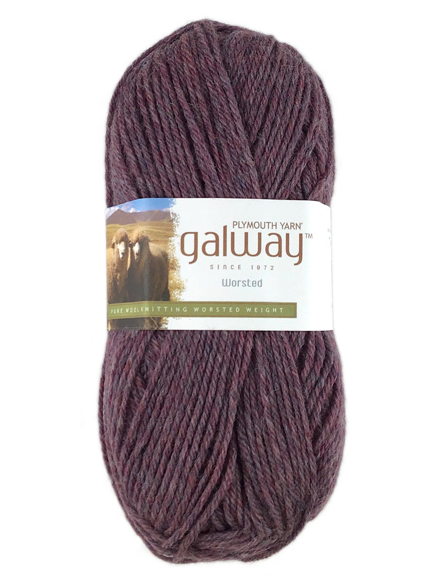 A purple skein of Plymouth Galway yarn