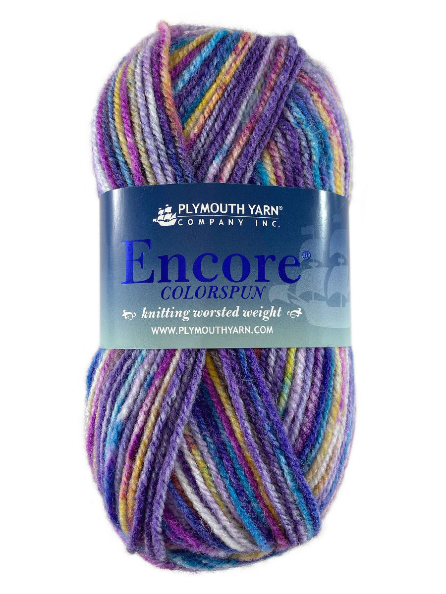 A purple and yellow skein of Plymouth Encore Colorspun yarn