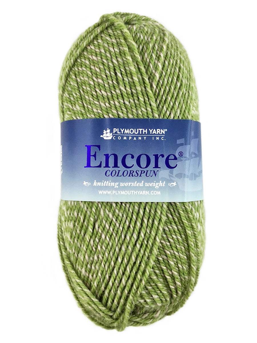 A green mix skein of Plymouth Encore Colorspun yarn