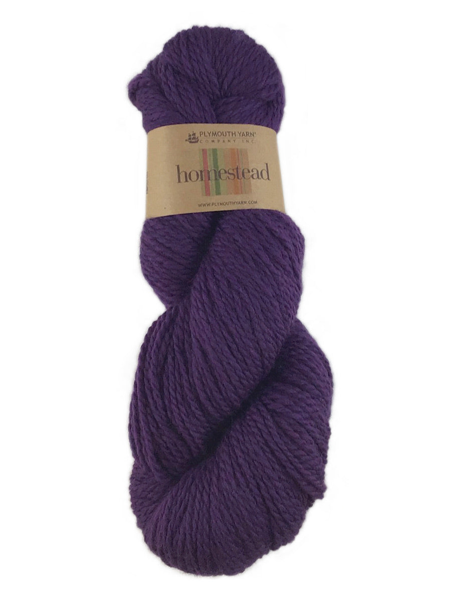 A purple skein of Plymouth Homestead yarn