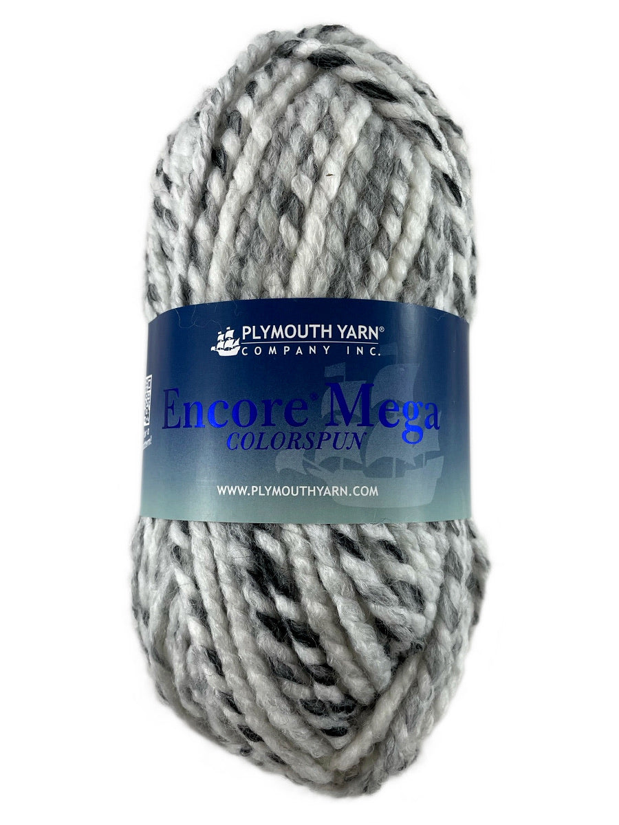 A white and grey skein of Plymouth Encore Mega Colorspun yarn