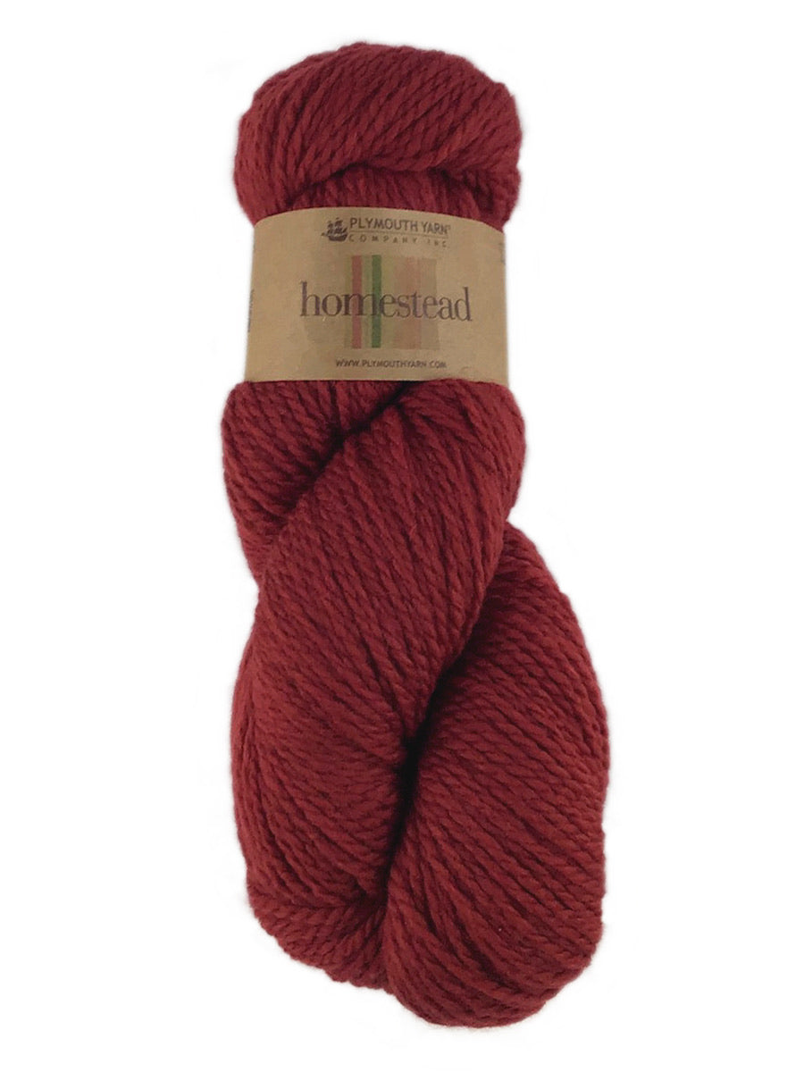 A red skein of Plymouth Homestead yarn