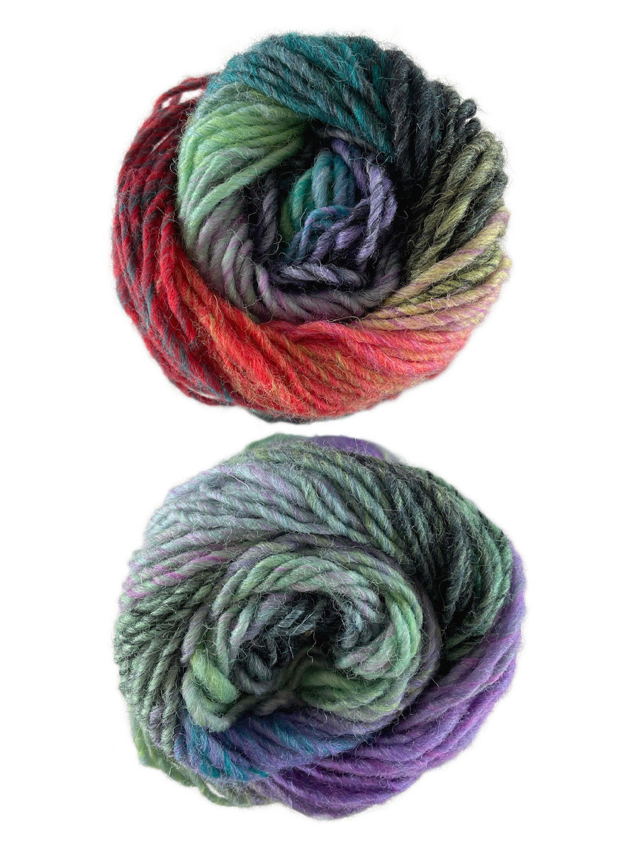A photo of two blue, purple and red skeins of yarn