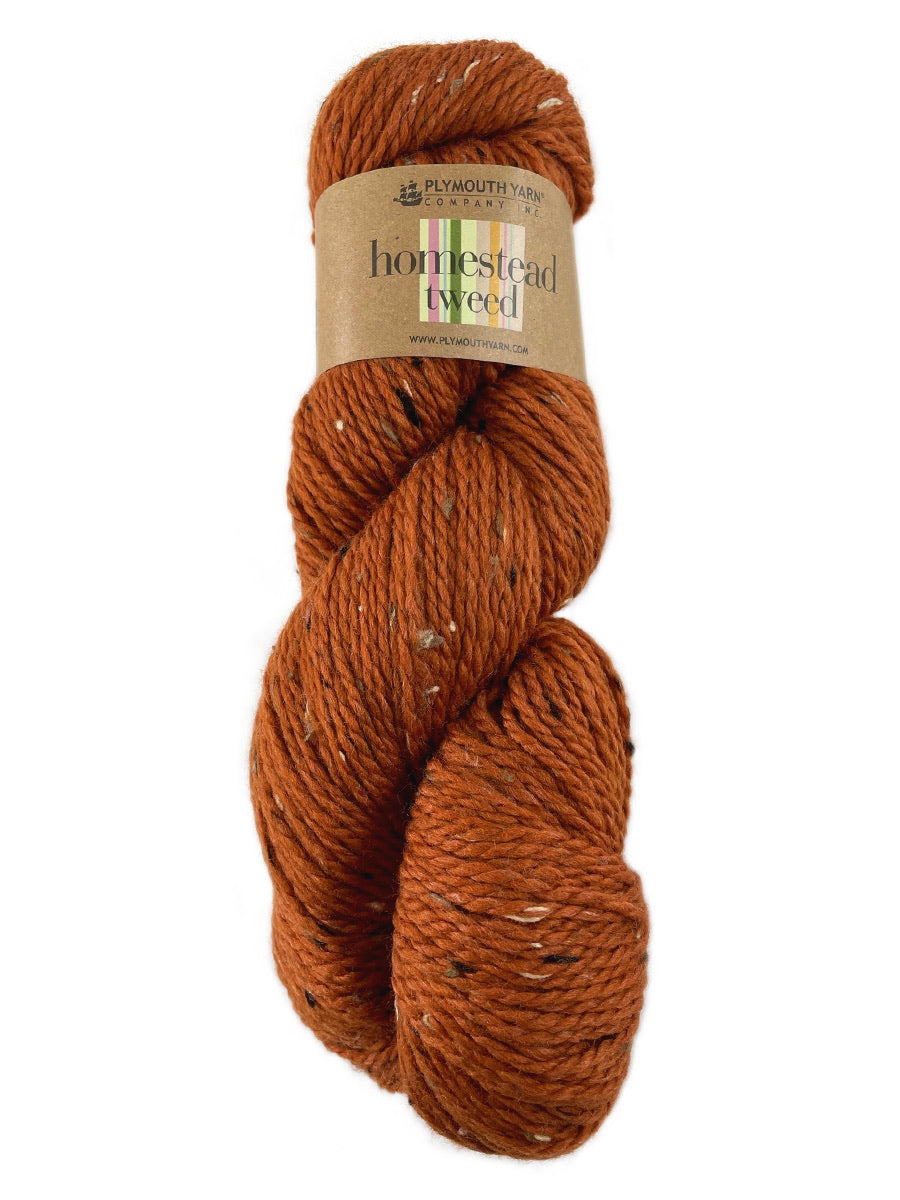 An orange skein of Plymouth Homestead Tweed yarn