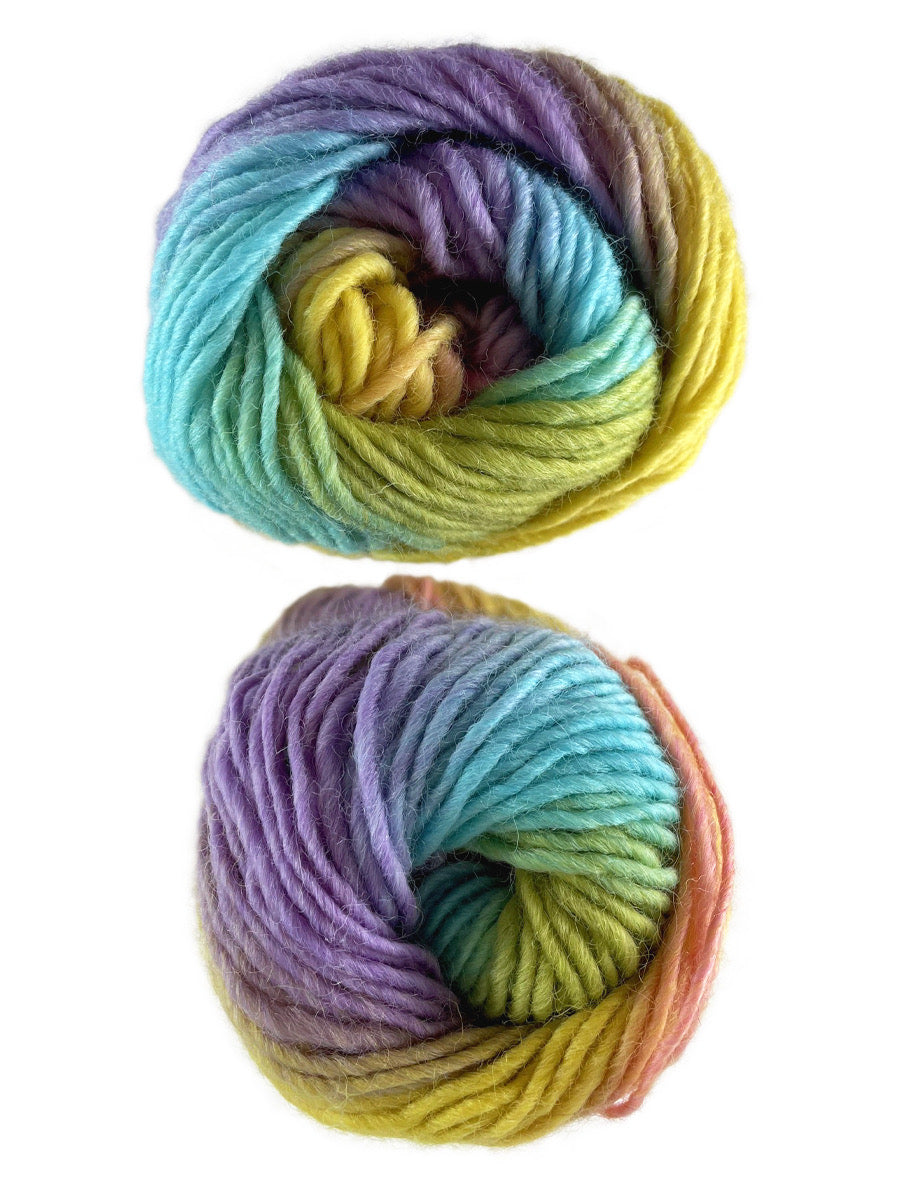 A photo of two blue, purple and yellow skeins of yarn