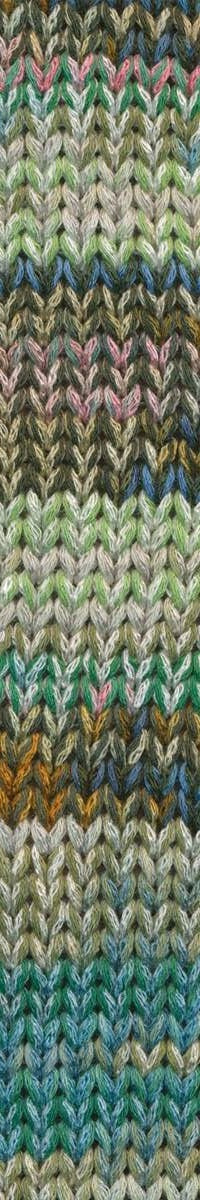 A photo of a swatch of pink, green, and blue Cairns yarn