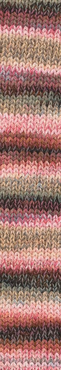 A photo of a swatch of pink, yellow, and gray Cairns yarn