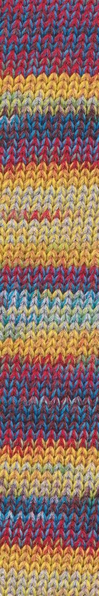 A photo of a swatch of  red, blue, and yellow Cairns yarn