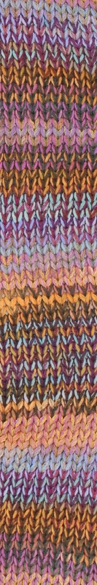 Swatch of blue yellow purple red Cairns yarn