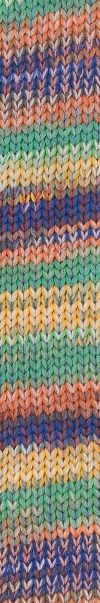 A photo of a swatch Queensland Cairns yarn color Kakadu park; purple, yellow, and teal