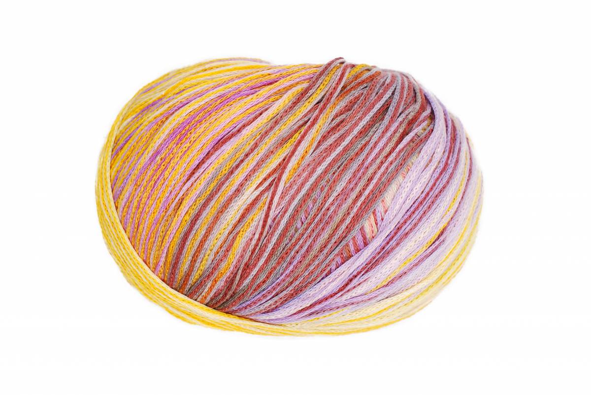 A photo of a pink , red, and yellow Cairns yarn